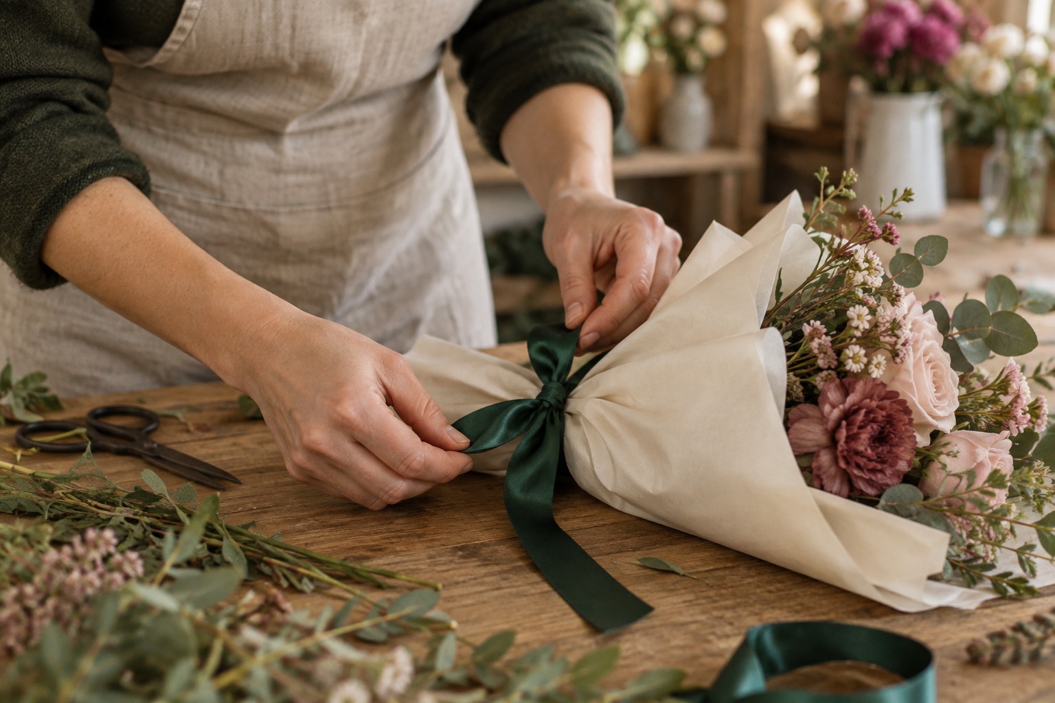 A florist preparing flowers in a local shop