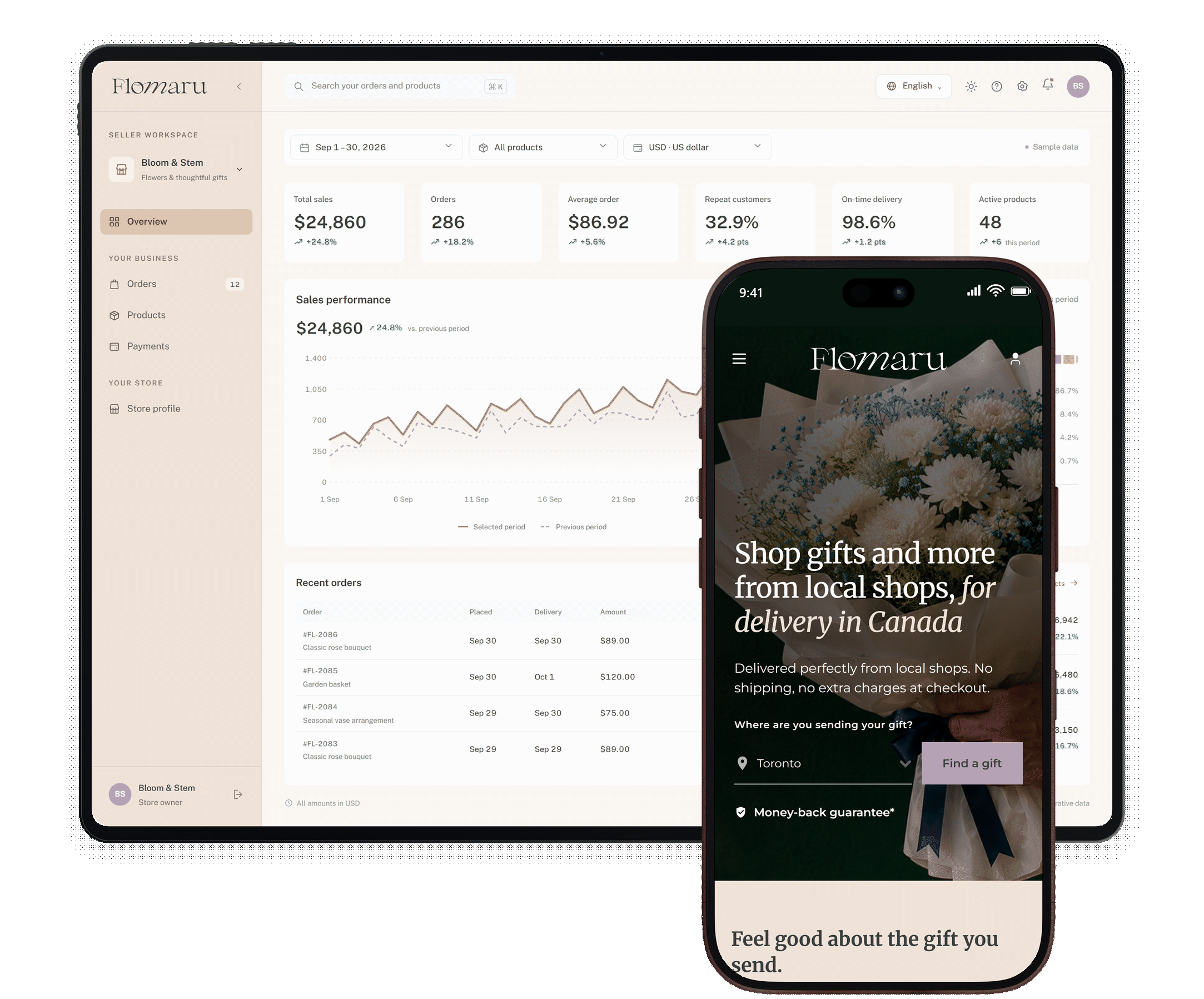 Example seller dashboard and customer storefront shown together in five languages