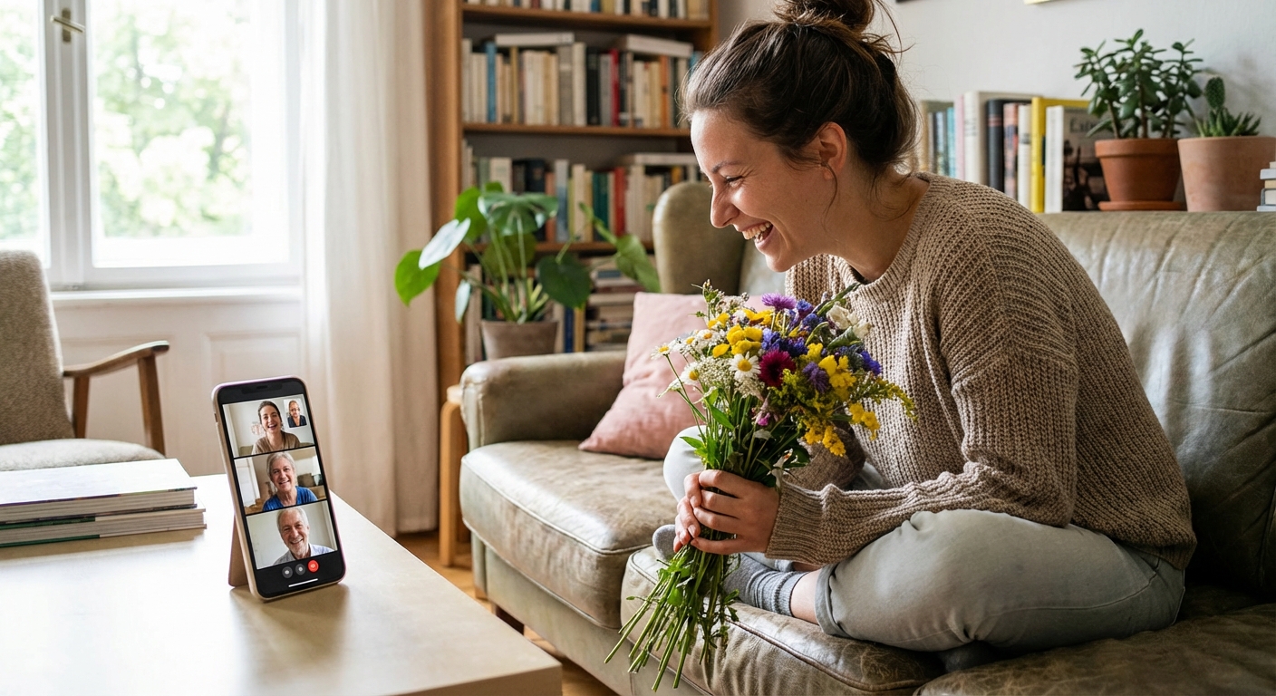 A family connecting over video call while receiving flowers